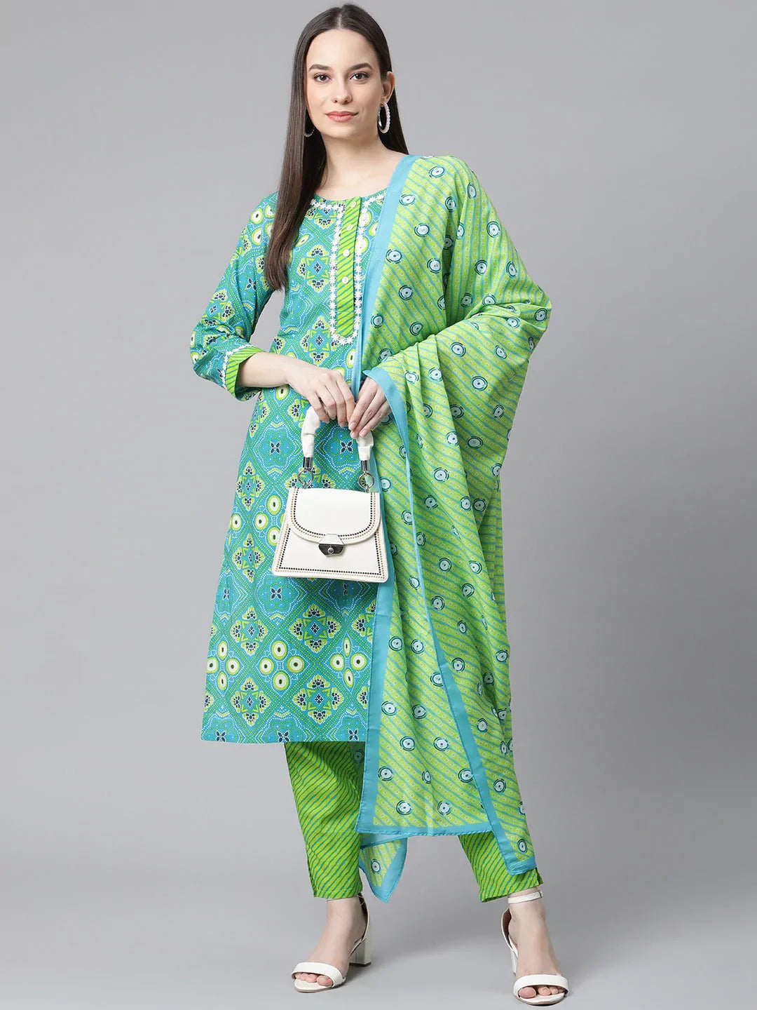 Jompers Women's Blue & Green Ethnic Motifs Printed Pure Cotton Kurta With Trousers & Dupatta - Distacart