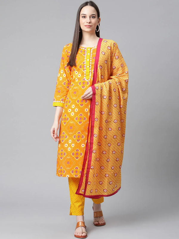 Jompers Women's Yellow & Pink Ethnic Motifs Printed Pure Cotton Kurta With Trousers & Dupatta - Distacart