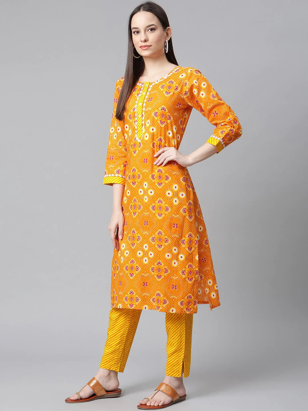 Jompers Women's Yellow & Pink Ethnic Motifs Printed Pure Cotton Kurta With Trousers & Dupatta - Distacart