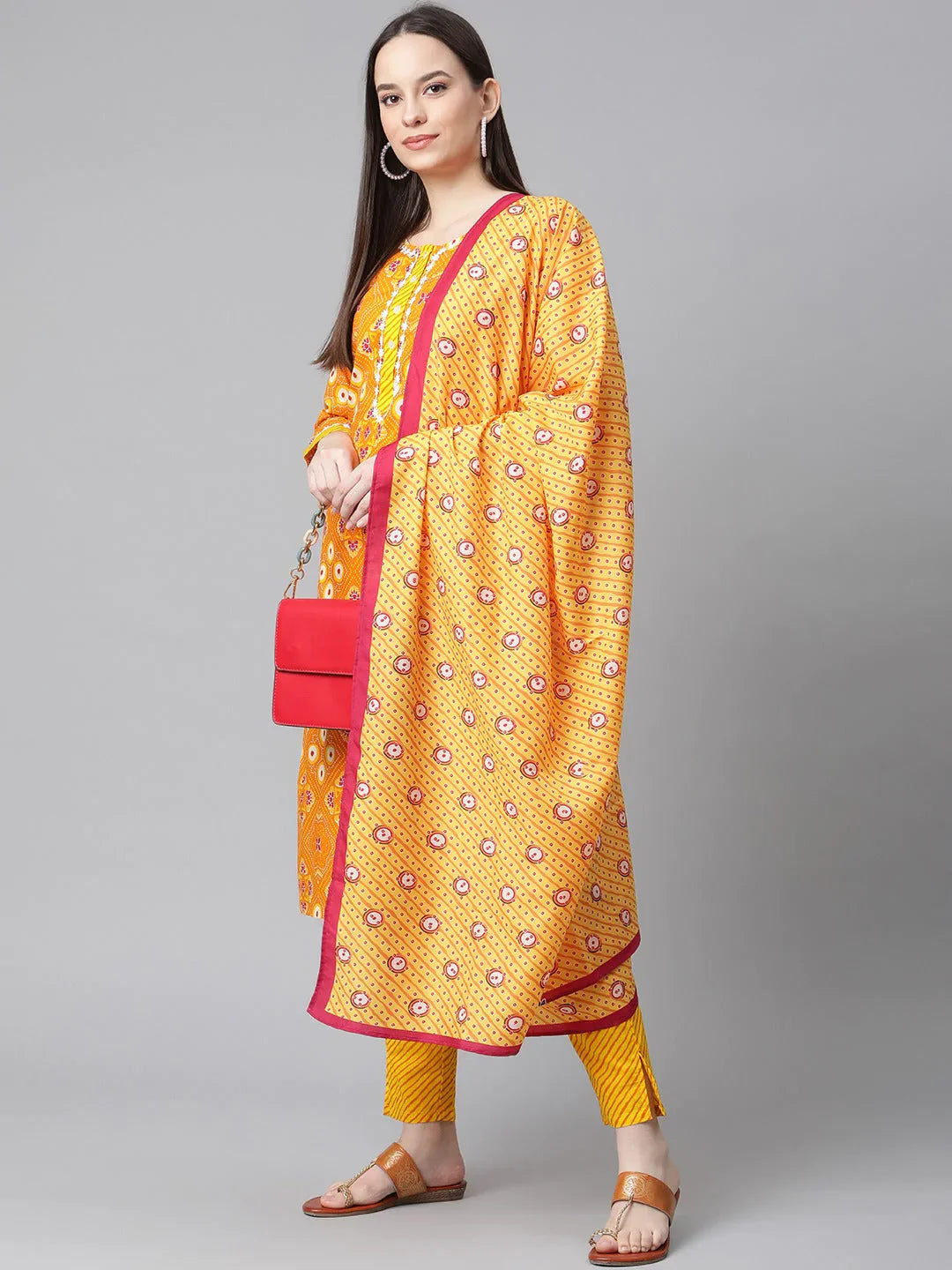 Jompers Women's Yellow & Pink Ethnic Motifs Printed Pure Cotton Kurta With Trousers & Dupatta - Distacart