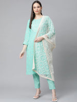 Thumbnail for Jompers Women's Green Floral Printed Regular Pure Cotton Kurta with Trousers & With Dupatta - Distacart