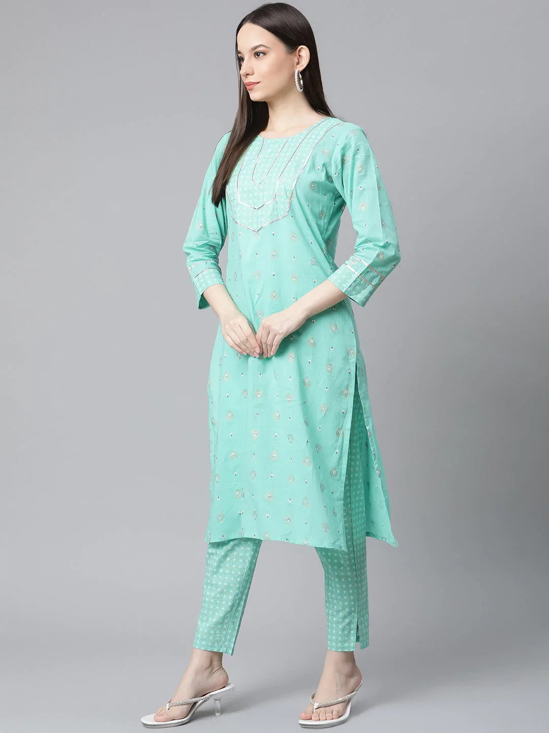 Jompers Women's Green Floral Printed Regular Pure Cotton Kurta with Trousers & With Dupatta - Distacart