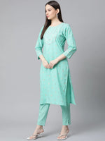 Thumbnail for Jompers Women's Green Floral Printed Regular Pure Cotton Kurta with Trousers & With Dupatta - Distacart