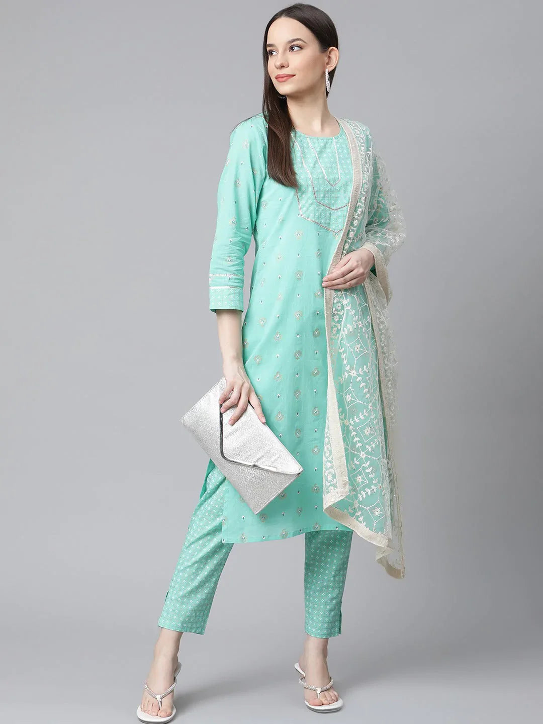Jompers Women's Green Floral Printed Regular Pure Cotton Kurta with Trousers & With Dupatta - Distacart
