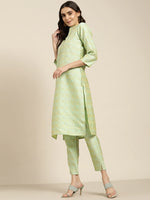 Thumbnail for Jompers Women's Green Jacquard Woven Design Straight Kurta Trousers & Chikankari Dupatta - Distacart