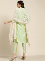 Thumbnail for Jompers Women's Green Jacquard Woven Design Straight Kurta Trousers & Chikankari Dupatta - Distacart