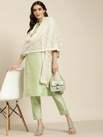 Thumbnail for Jompers Women's Green Jacquard Woven Design Straight Kurta Trousers & Chikankari Dupatta - Distacart
