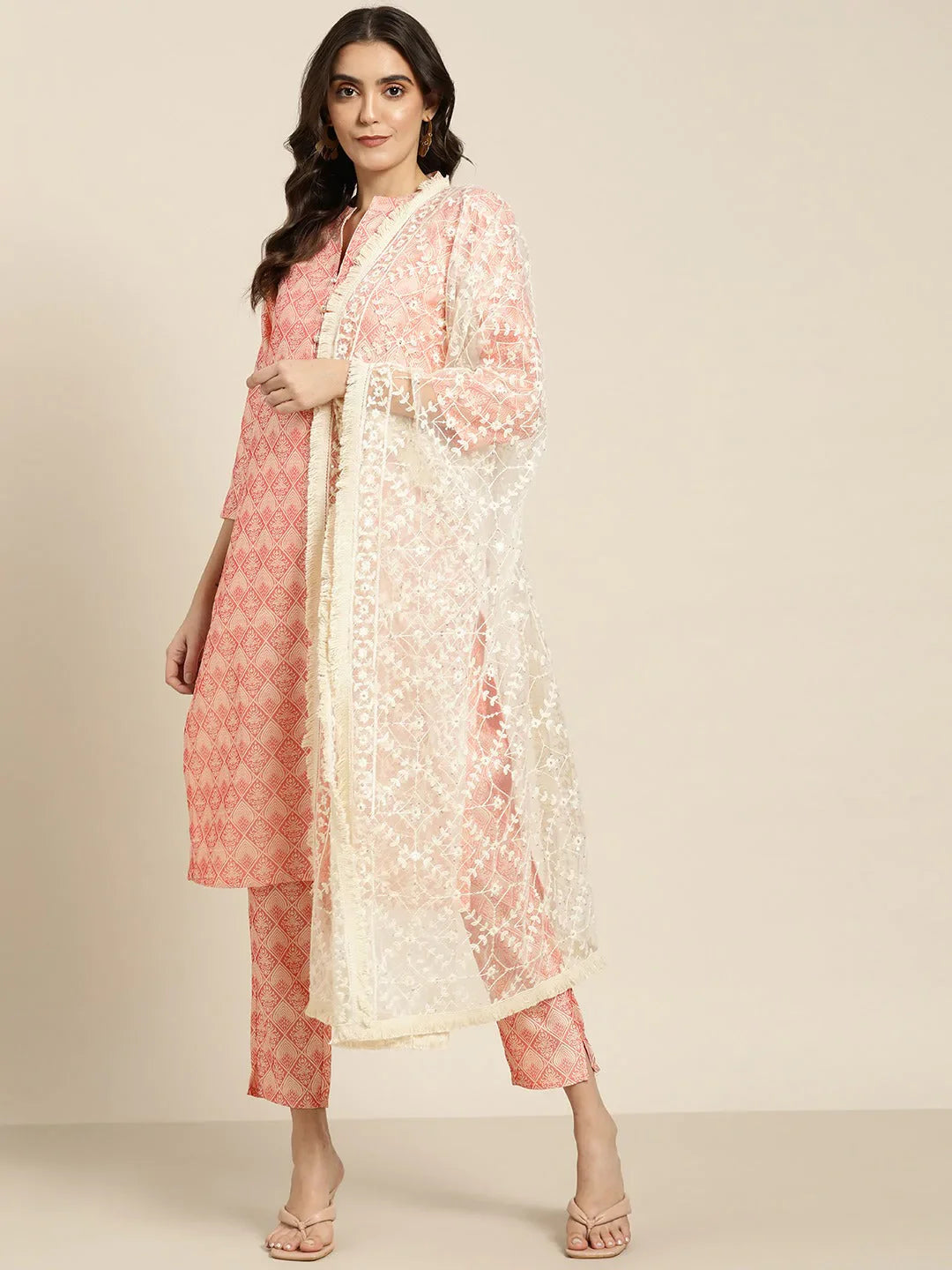 Jompers Women's Pink Jacquard Woven Design Straight Kurta Trousers & Chikankari Dupatta - Distacart
