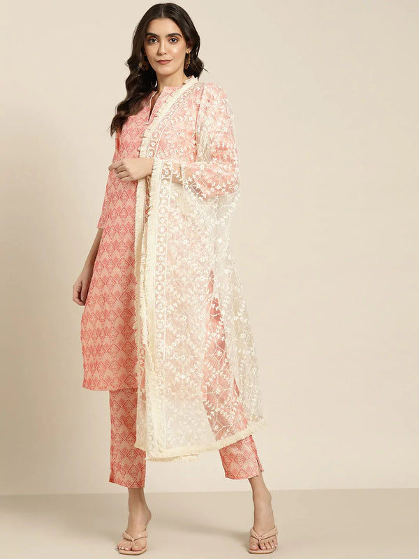 Jompers Women's Pink Jacquard Woven Design Straight Kurta Trousers & Chikankari Dupatta - Distacart