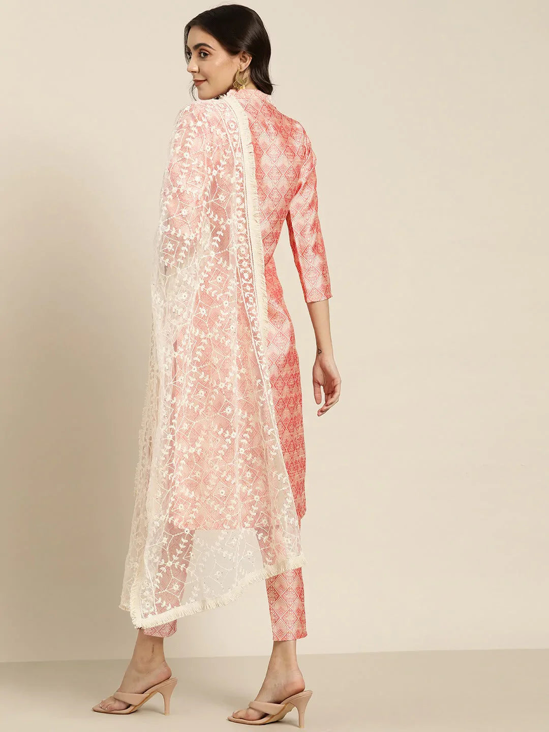 Jompers Women's Pink Jacquard Woven Design Straight Kurta Trousers & Chikankari Dupatta - Distacart