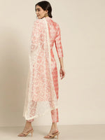 Thumbnail for Jompers Women's Pink Jacquard Woven Design Straight Kurta Trousers & Chikankari Dupatta - Distacart