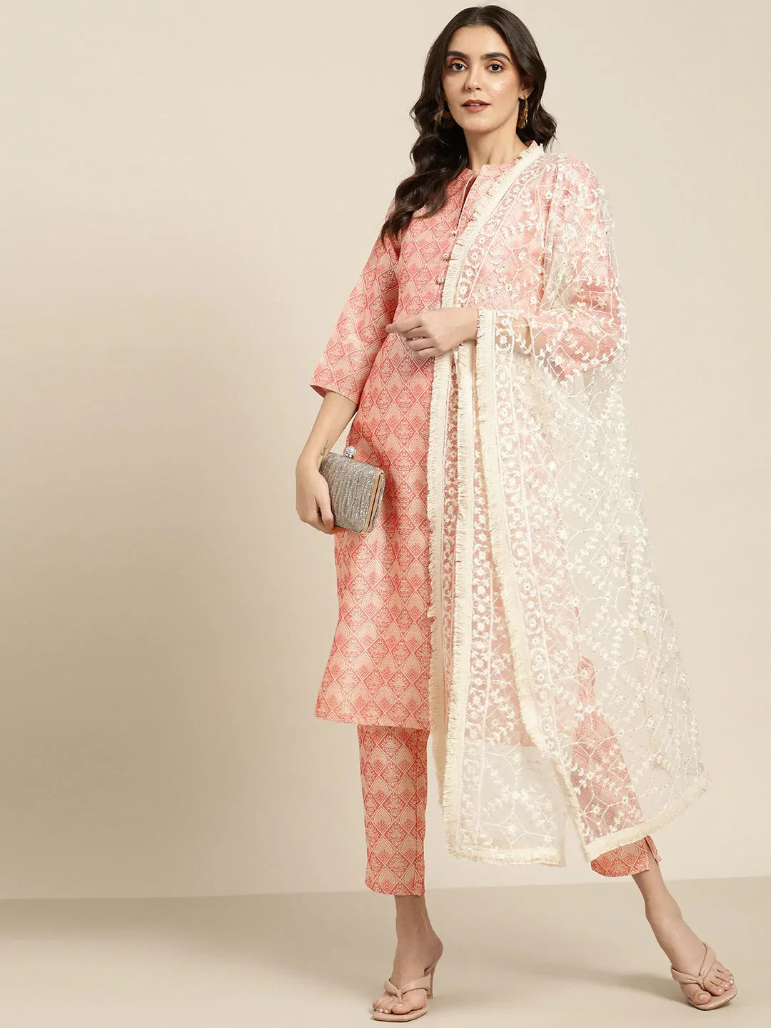 Jompers Women's Pink Jacquard Woven Design Straight Kurta Trousers & Chikankari Dupatta - Distacart