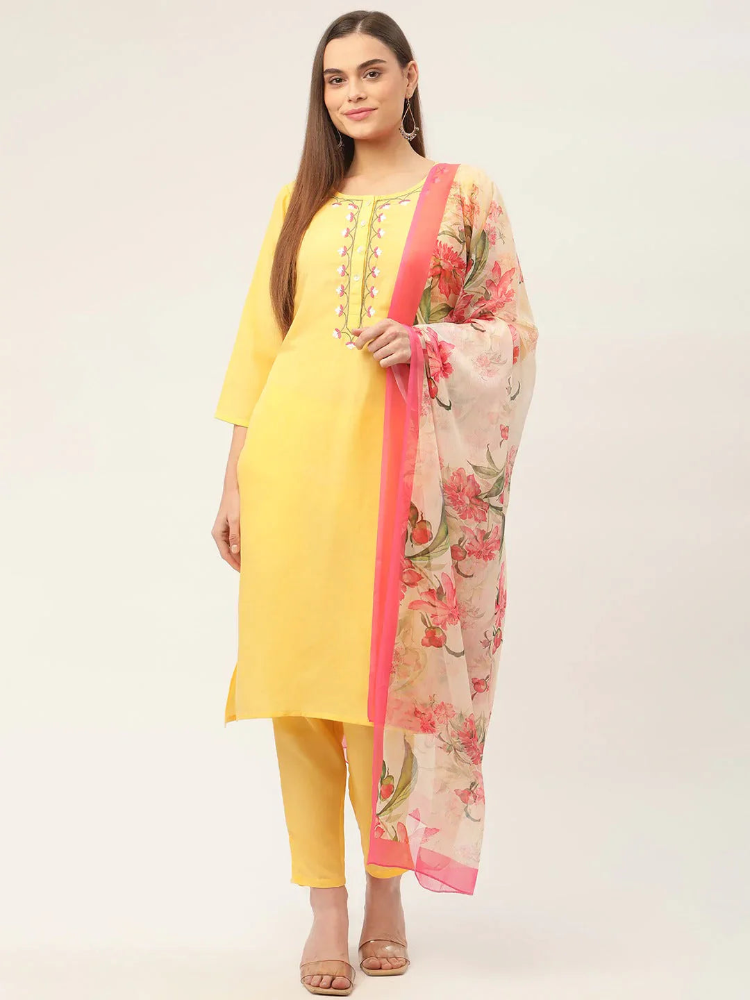Jompers Women's Yellow Embroidered Regular Kurta with Trousers & With Dupatta - Distacart