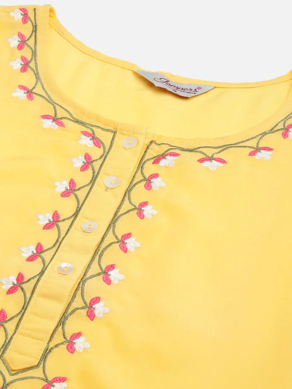 Jompers Women's Yellow Embroidered Regular Kurta with Trousers & With Dupatta - Distacart