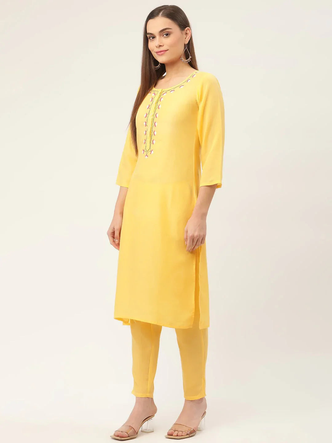 Jompers Women's Yellow Embroidered Regular Kurta with Trousers & With Dupatta - Distacart
