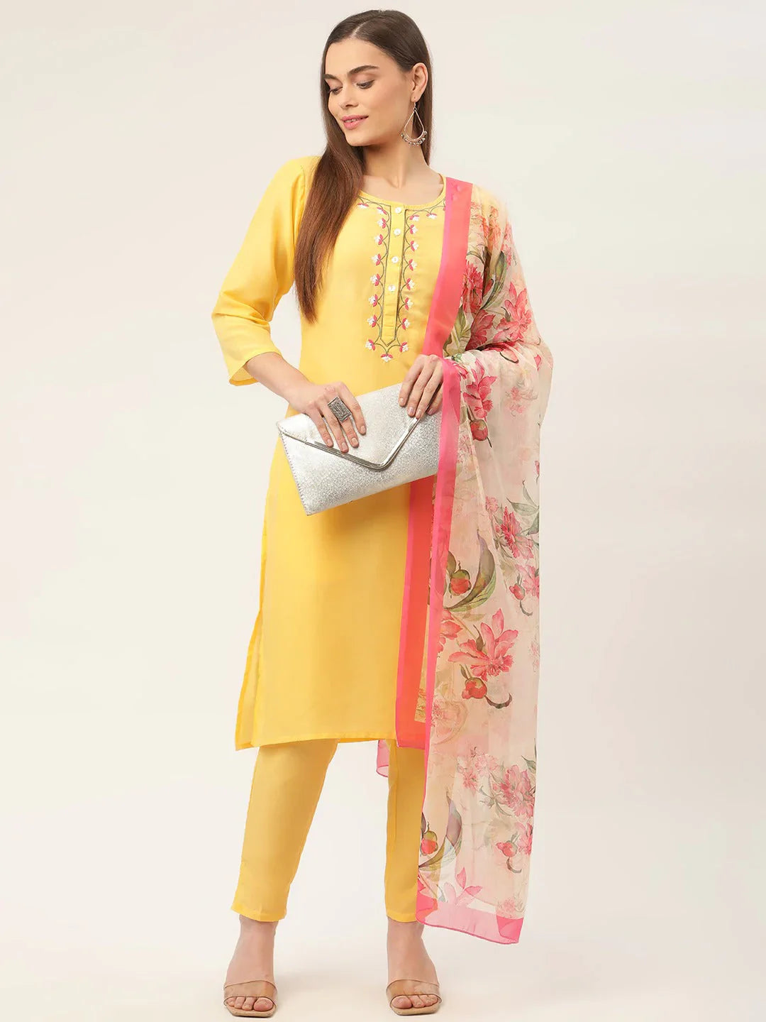 Jompers Women's Yellow Embroidered Regular Kurta with Trousers & With Dupatta - Distacart