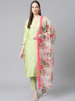 Thumbnail for Jompers Women's Green Embroidered Regular Kurta with Trousers & With Dupatta - Distacart