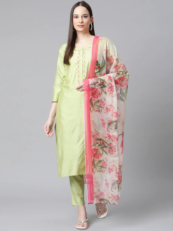 Jompers Women's Green Embroidered Regular Kurta with Trousers & With Dupatta - Distacart