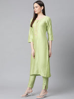 Thumbnail for Jompers Women's Green Embroidered Regular Kurta with Trousers & With Dupatta - Distacart