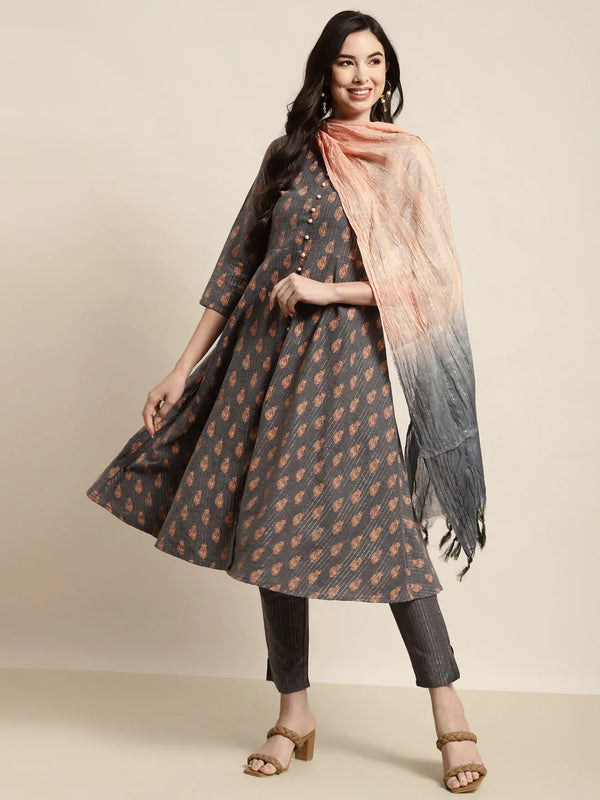 Jompers Women's Printed Kurta with Trousers & With Dupatta - Grey - Distacart