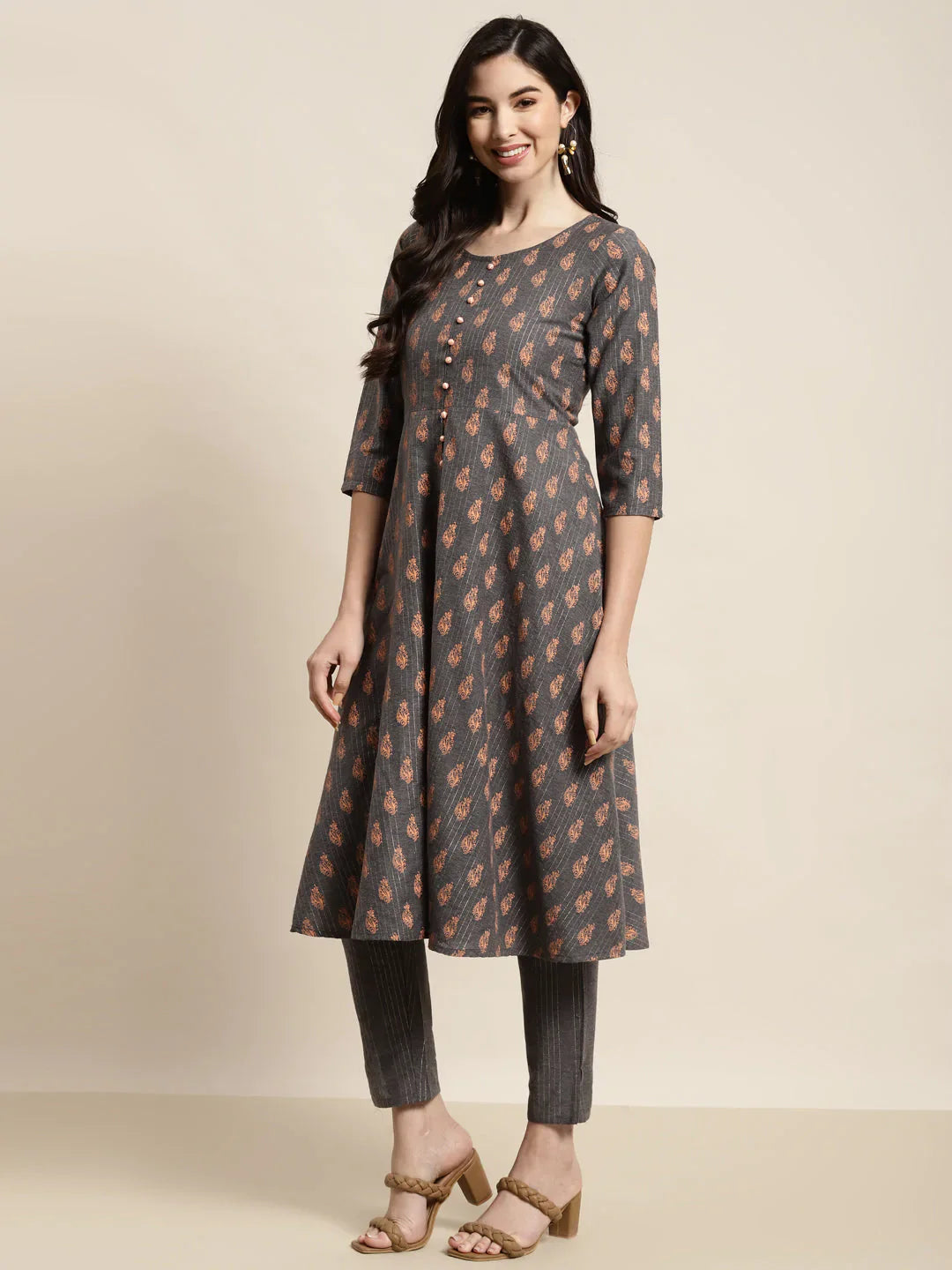 Jompers Women's Printed Kurta with Trousers & With Dupatta - Grey - Distacart