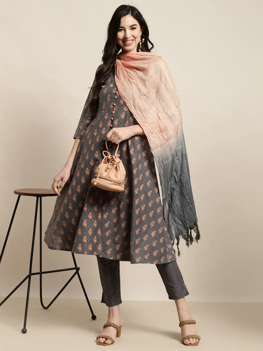 Jompers Women's Printed Kurta with Trousers & With Dupatta - Grey - Distacart