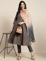 Thumbnail for Jompers Women's Printed Kurta with Trousers & With Dupatta - Grey - Distacart