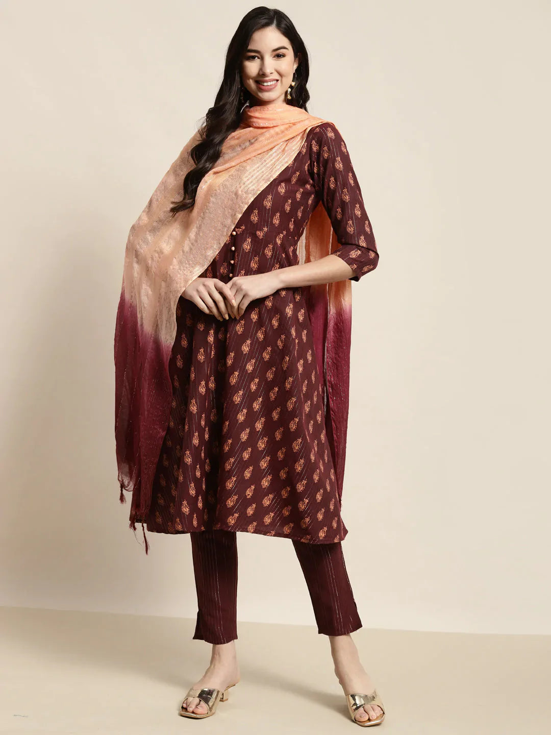 Jompers Women's Printed Kurta with Trousers & With Dupatta - Maroon - Distacart