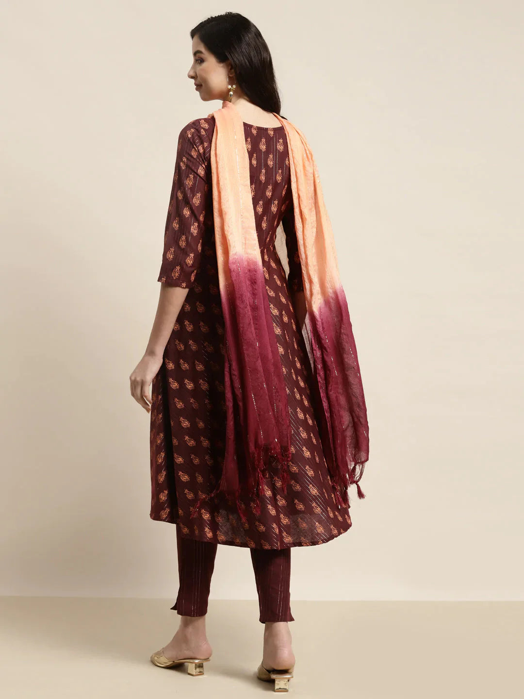 Jompers Women's Printed Kurta with Trousers & With Dupatta - Maroon - Distacart