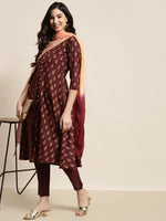 Thumbnail for Jompers Women's Printed Kurta with Trousers & With Dupatta - Maroon - Distacart