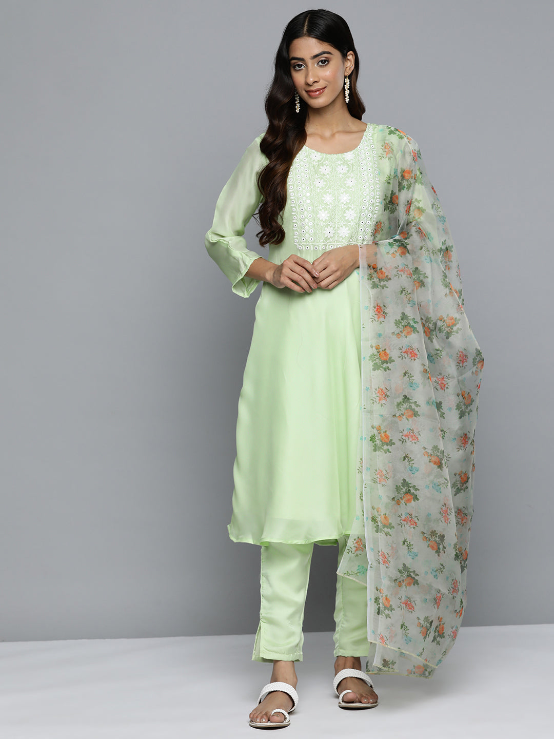 Jompers Women's Floral Embroidered Mirror Work Silk Georgette Kurta With Trousers & Dupatta - Lime - Distacart