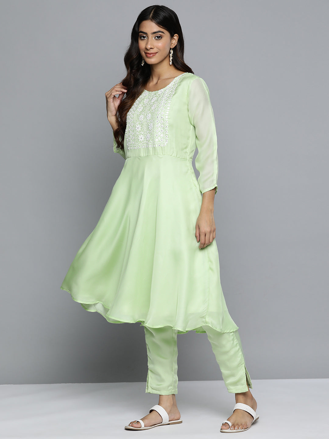Jompers Women's Floral Embroidered Mirror Work Silk Georgette Kurta With Trousers & Dupatta - Lime - Distacart