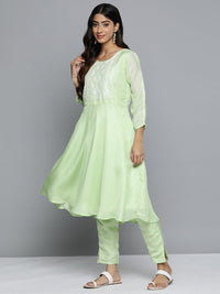 Thumbnail for Jompers Women's Floral Embroidered Mirror Work Silk Georgette Kurta With Trousers & Dupatta - Lime - Distacart