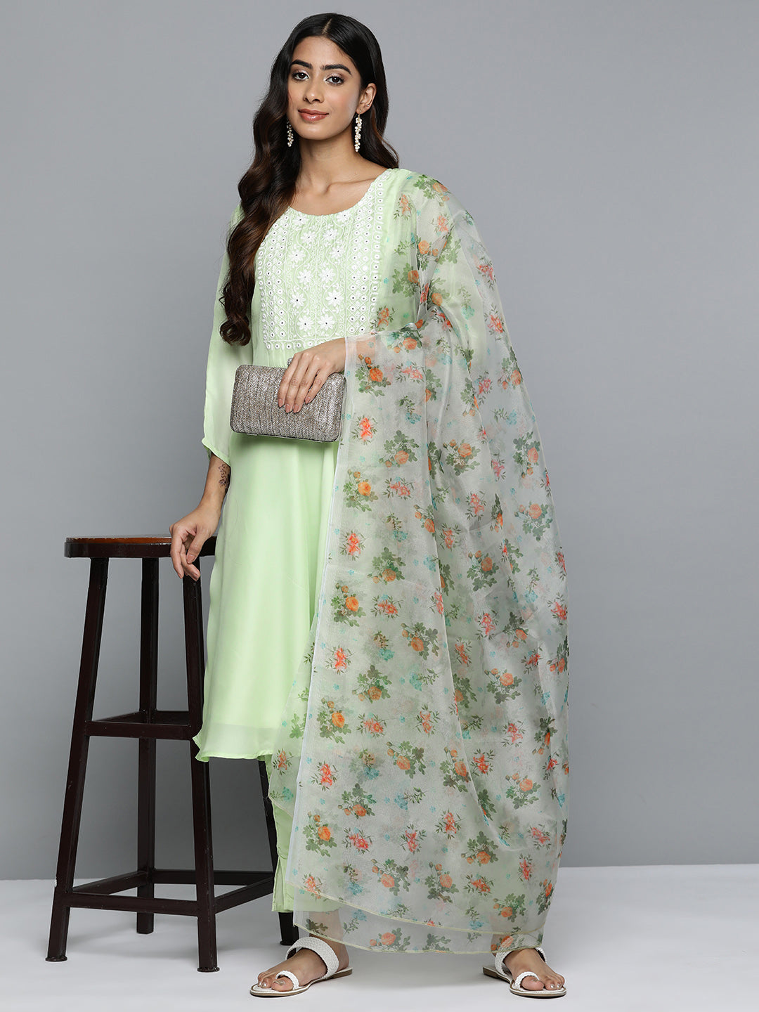Jompers Women's Floral Embroidered Mirror Work Silk Georgette Kurta With Trousers & Dupatta - Lime - Distacart