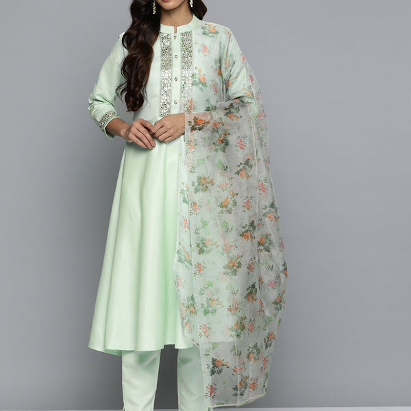 Jompers Women's Embroidered Mirror Work Kurta With Trousers & Dupatta - Green - Distacart