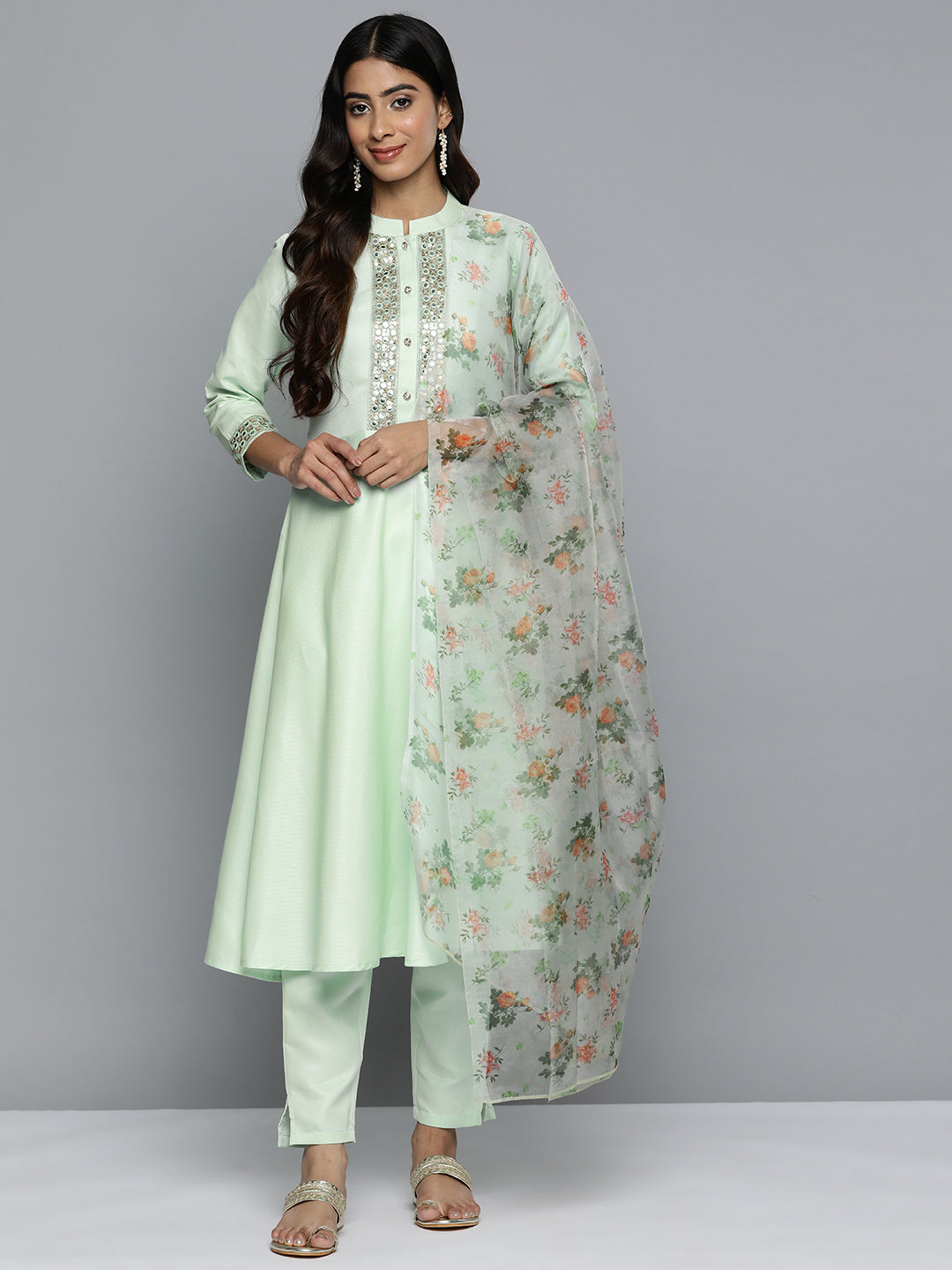 Jompers Women's Embroidered Mirror Work Kurta With Trousers & Dupatta - Green - Distacart