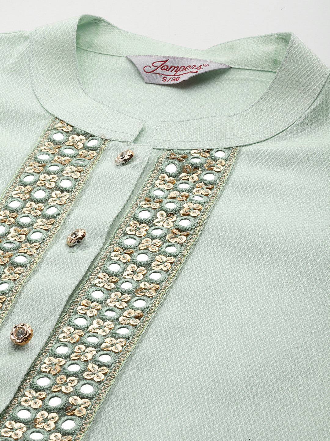 Jompers Women's Embroidered Mirror Work Kurta With Trousers & Dupatta - Green - Distacart