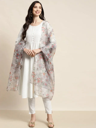 Jompers Women's Sequinned Kurta with Trousers & With Dupatta - White - Distacart