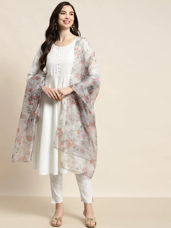 Jompers Women's Sequinned Kurta with Trousers & With Dupatta - White - Distacart