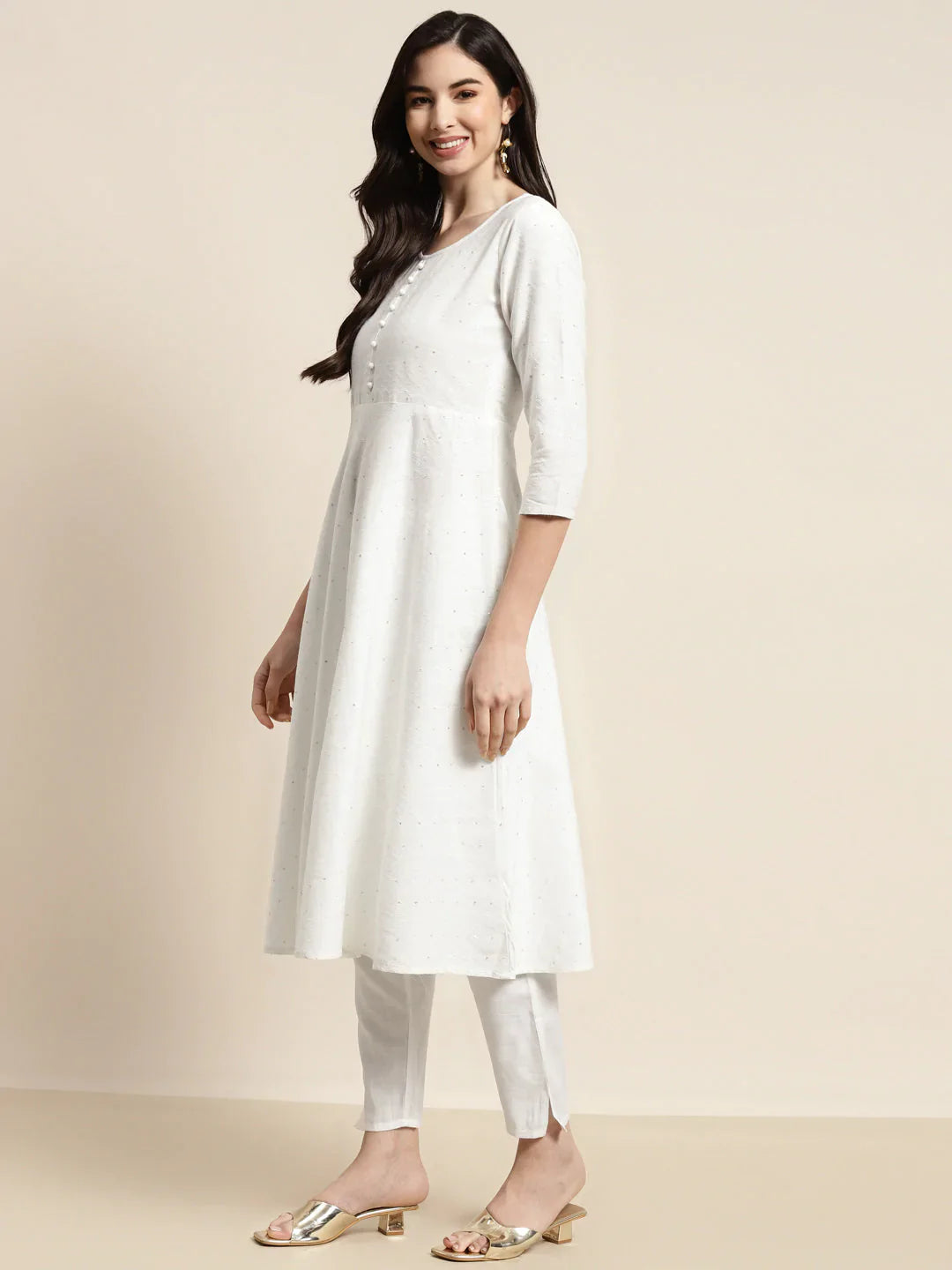 Jompers Women's Sequinned Kurta with Trousers & With Dupatta - White - Distacart