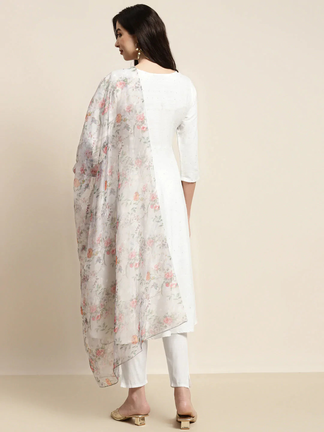 Jompers Women's Sequinned Kurta with Trousers & With Dupatta - White - Distacart