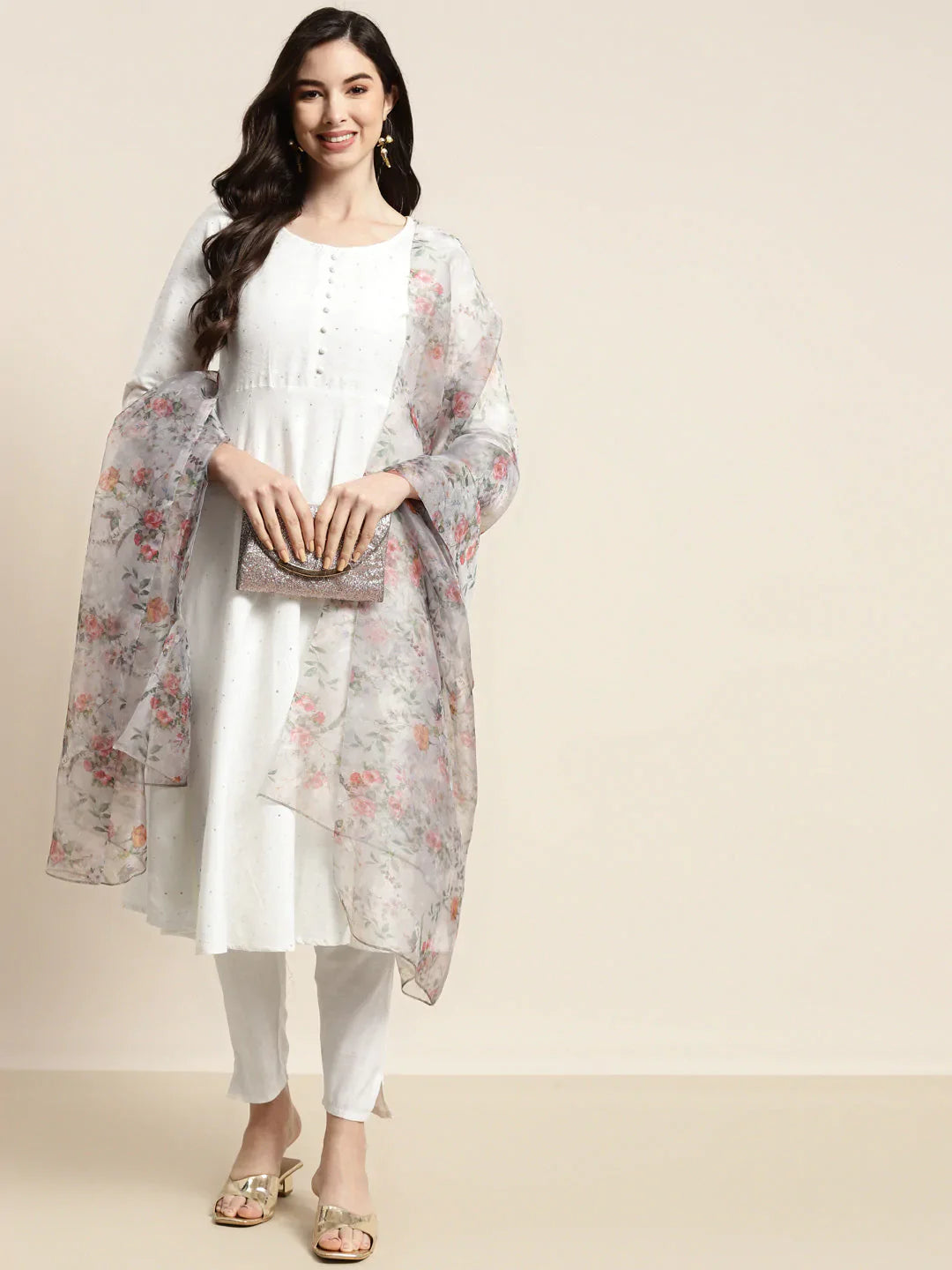 Jompers Women's Sequinned Kurta with Trousers & With Dupatta - White - Distacart