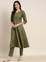 Thumbnail for Jompers Women's Gotta Patti Kurta with Trousers & With Dupatta - Green - Distacart
