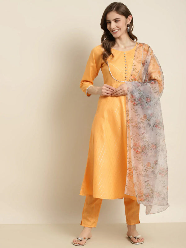 Jompers Women's Gotta Patti Kurta with Trousers & With Dupatta - Orange - Distacart