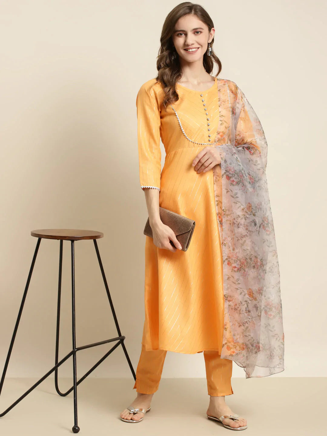 Jompers Women's Gotta Patti Kurta with Trousers & With Dupatta - Orange - Distacart