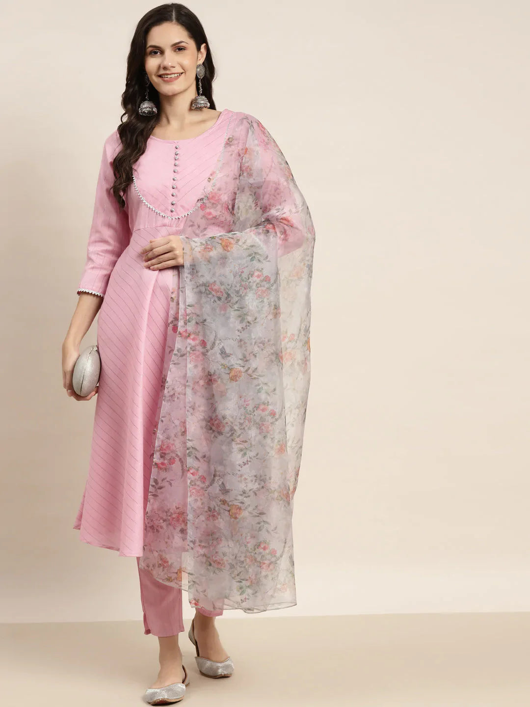 Jompers Women's Gotta Patti Kurta with Trousers & With Dupatta - Pink - Distacart