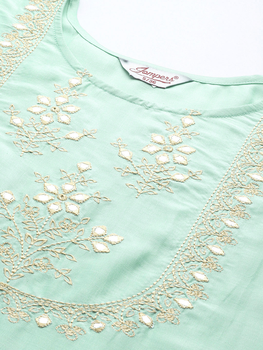 Jompers Women's Green Floral Embroidered Mirror Work Kurta with Trousers & With Dupatta - Distacart