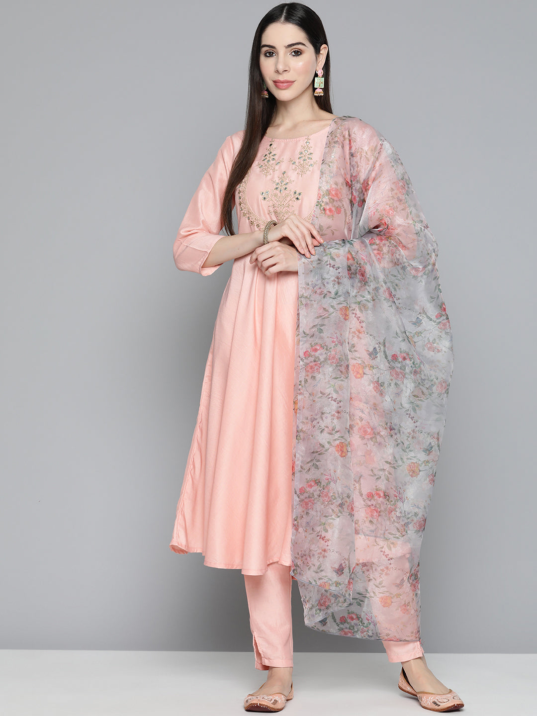 Jompers Women's Peach Floral Embroidered Mirror Work Kurta with Trousers & With Dupatta - Distacart