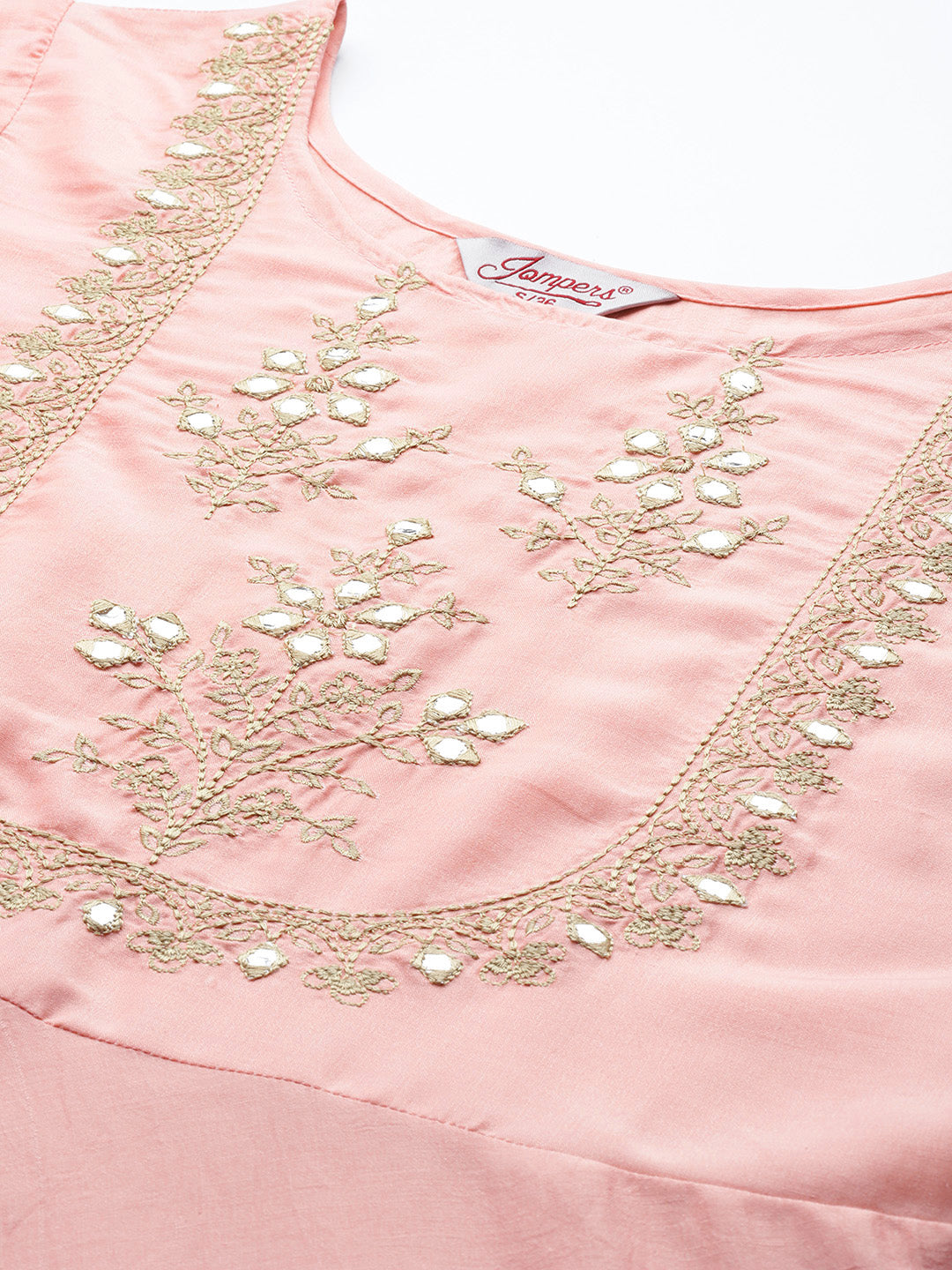 Jompers Women's Peach Floral Embroidered Mirror Work Kurta with Trousers & With Dupatta - Distacart