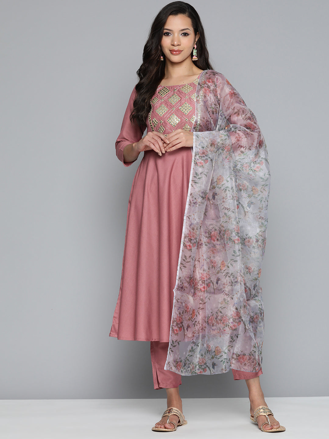 Jompers Women's Pink Floral Embroidered Mirror Work Kurta with Trousers & With Dupatta - Distacart